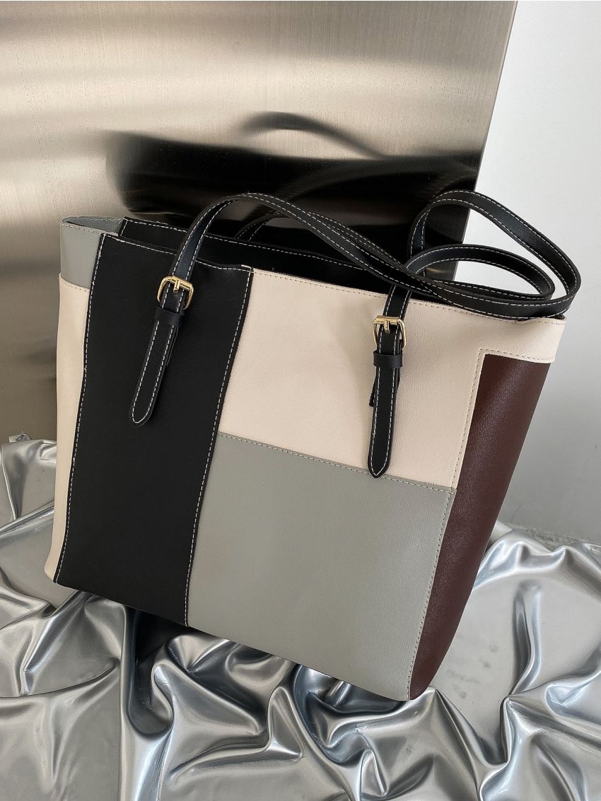 Colorblock Plaid Shoulder Tote Bag
