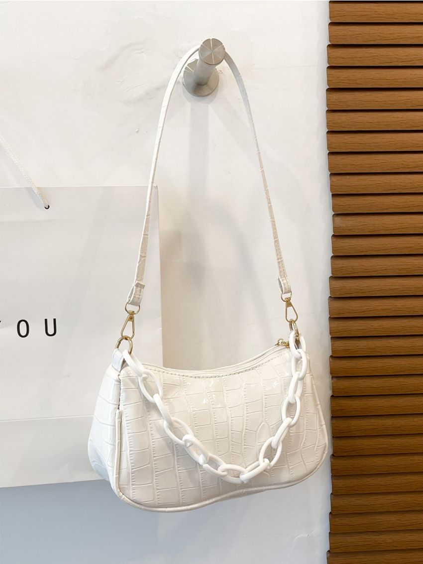 Crocodile Embossed Chain Baguette Bag