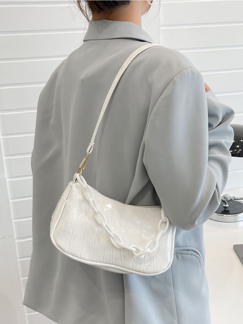 Crocodile Embossed Chain Baguette Bag