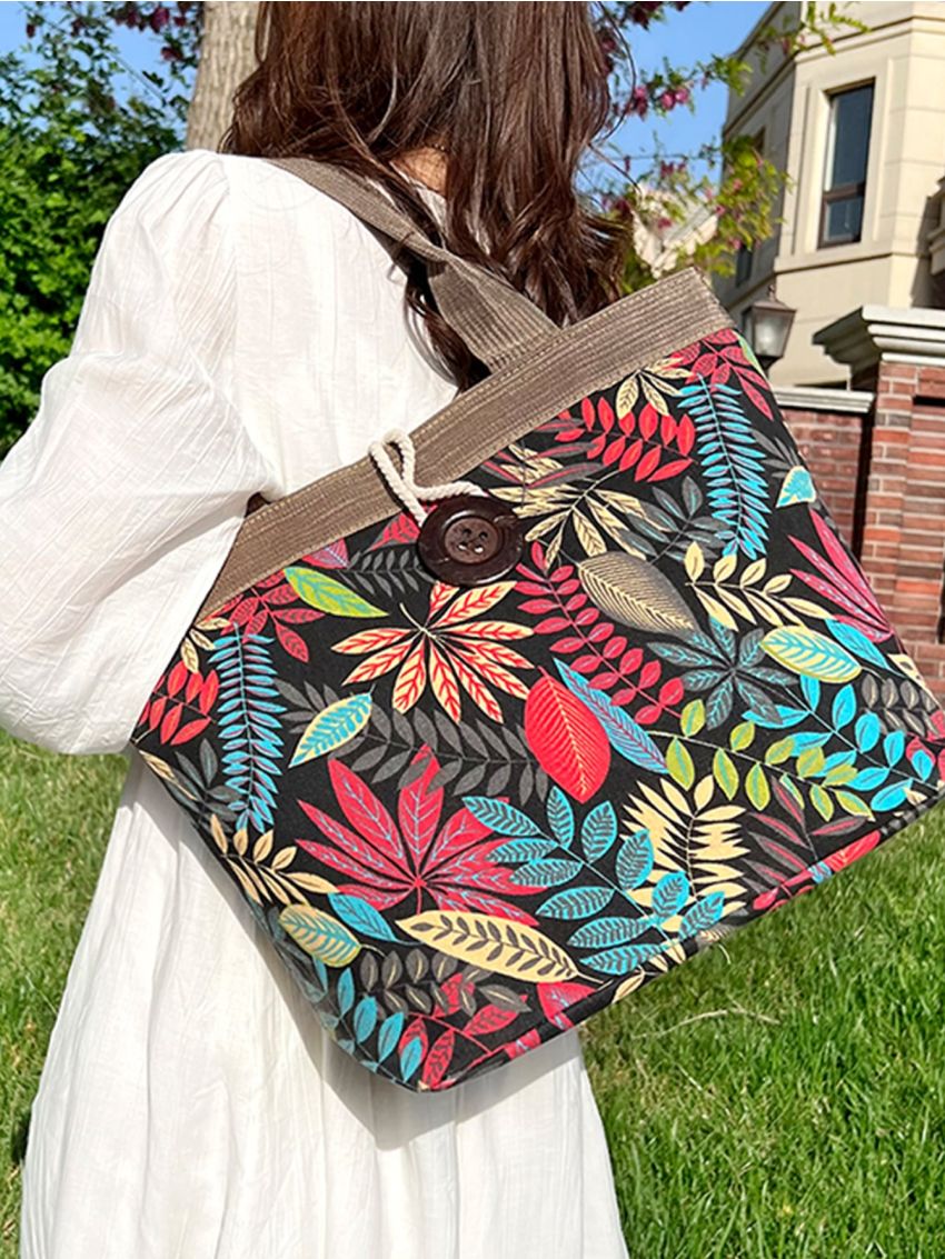 Tropical Leaf Print Shoulder Tote Bag