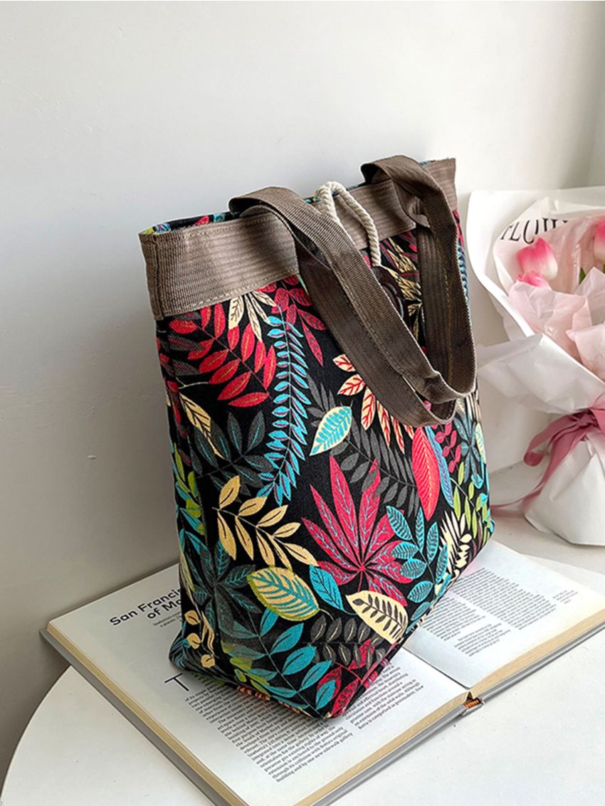 Tropical Leaf Print Shoulder Tote Bag