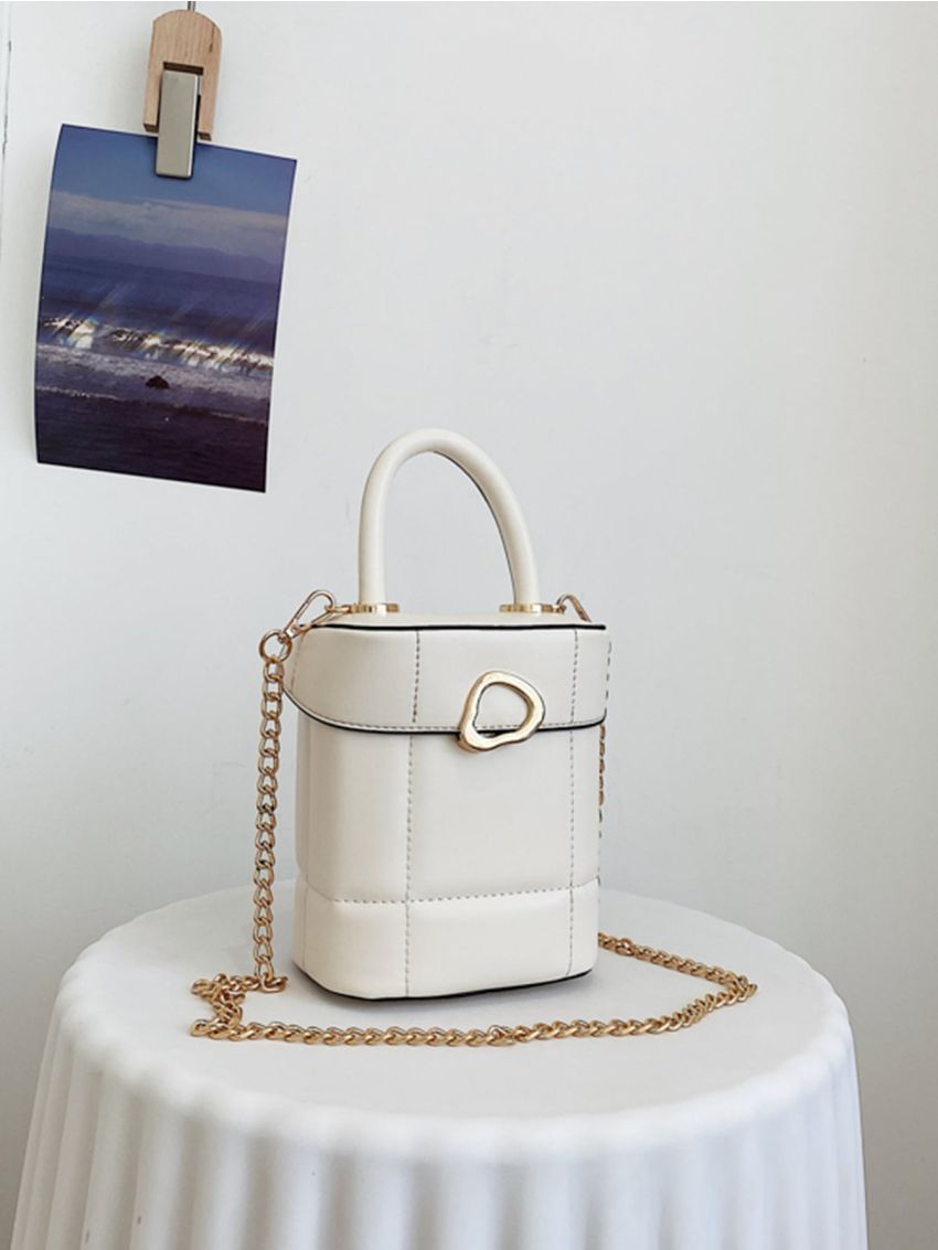 Mini Metal Decor Quilted Top Handle Chain Bucket Bag