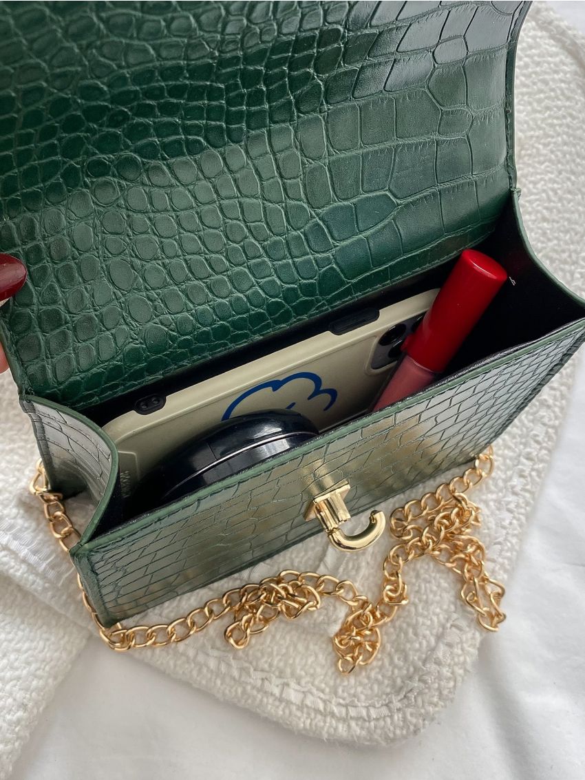 Mini Crocodile Embossed Metal Lock Flap Chain Square Bag