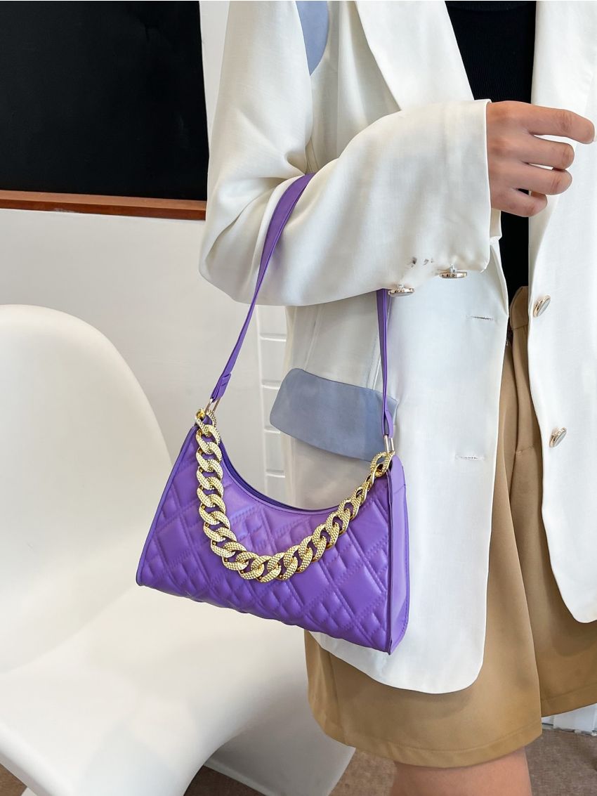 Quilted Chain Decor Baguette Bag