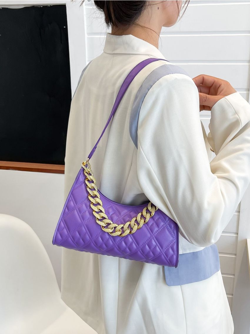 Quilted Chain Decor Baguette Bag