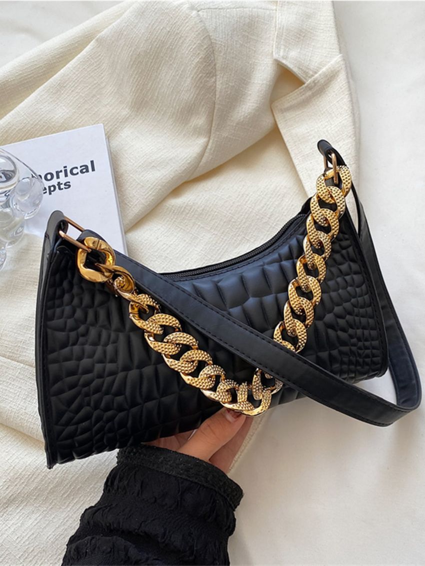 Crocodile Embossed Chain Baguette Bag