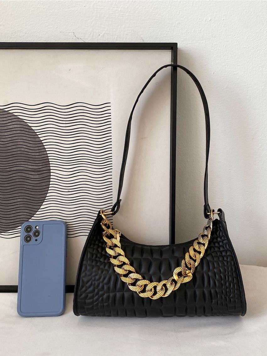 Crocodile Embossed Chain Baguette Bag
