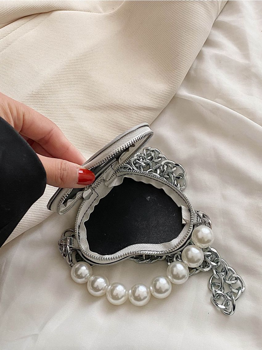 Mini Faux Pearl Beaded Metallic Heart Shaped Chain Novelty Bag