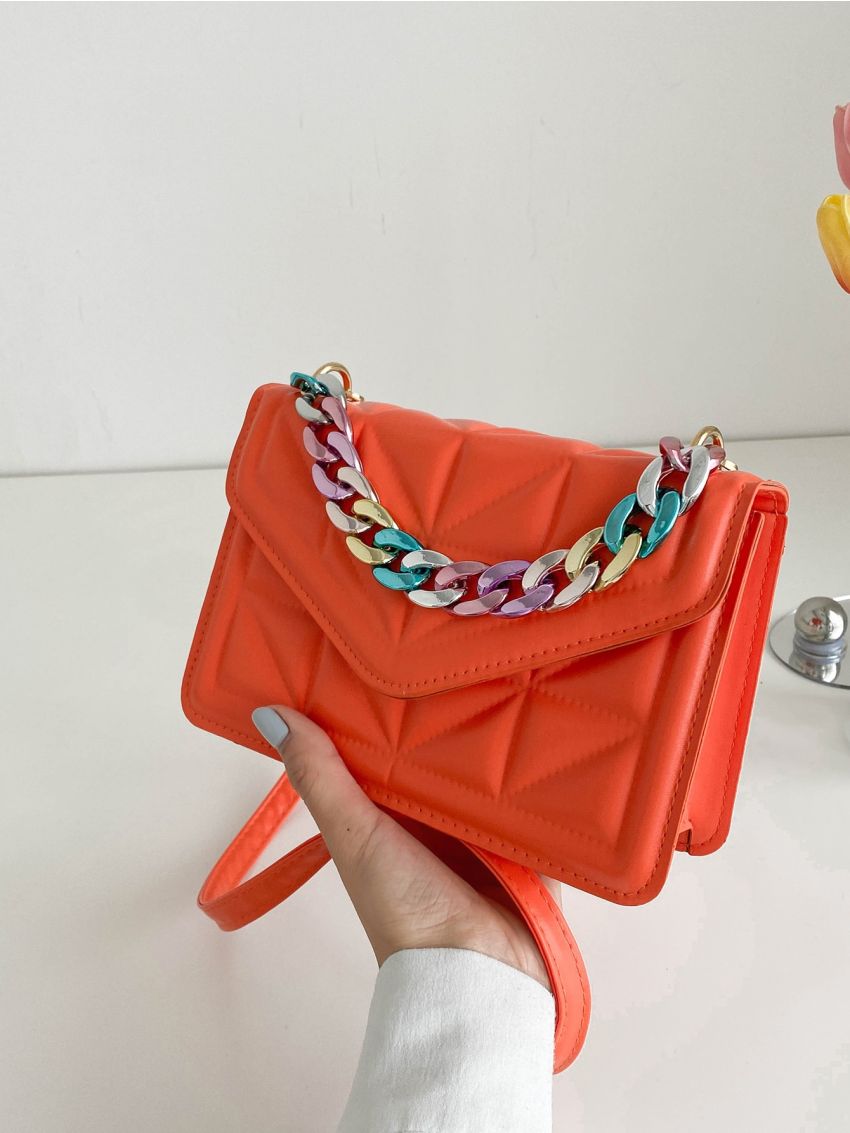 Neon Orange Quilted Chain Square Bag