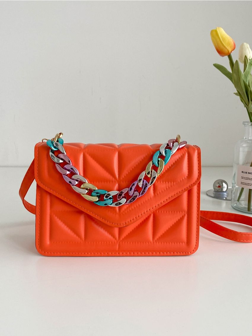 Neon Orange Quilted Chain Square Bag