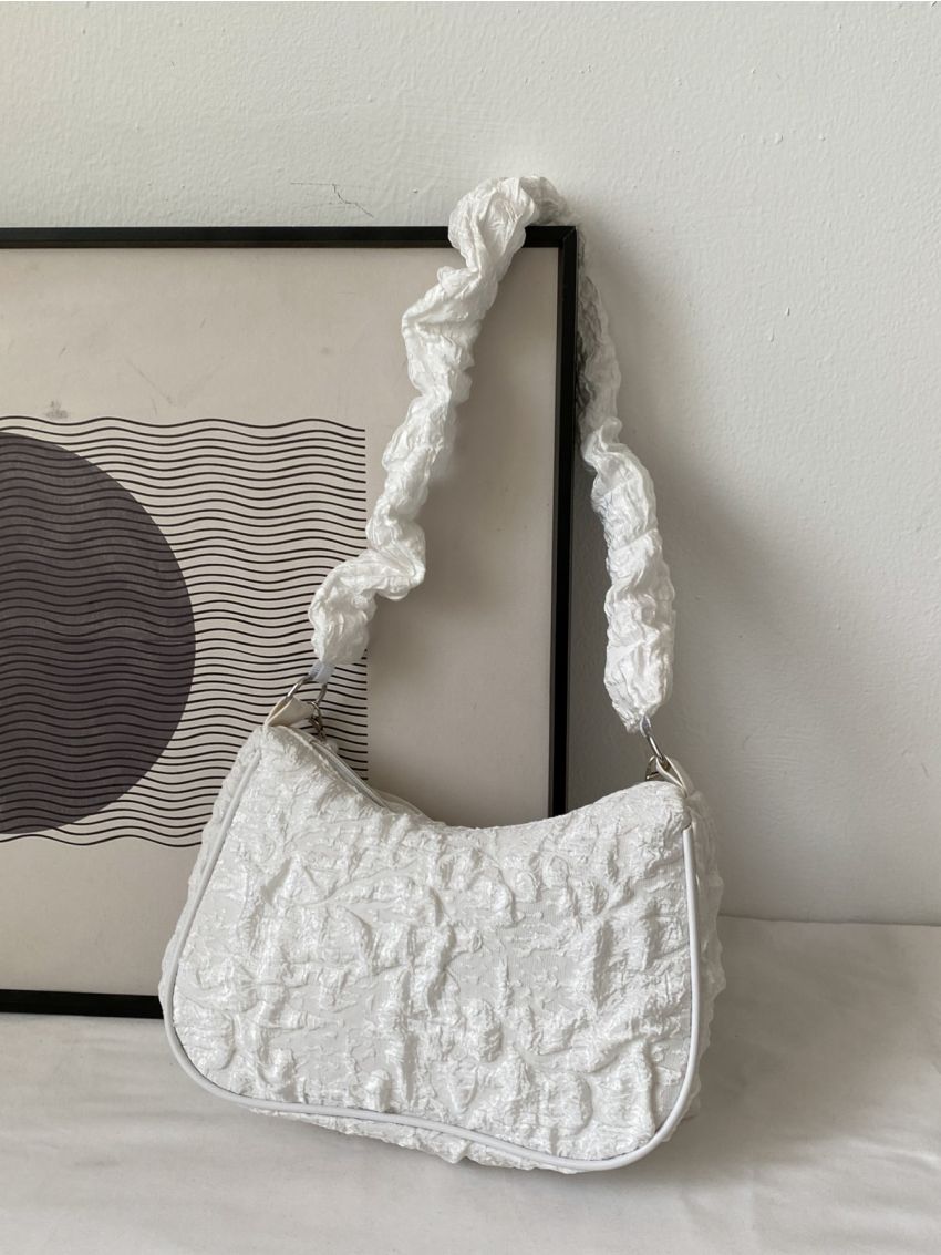 Jacquard Bow & Faux Pearl Decor Baguette Bag