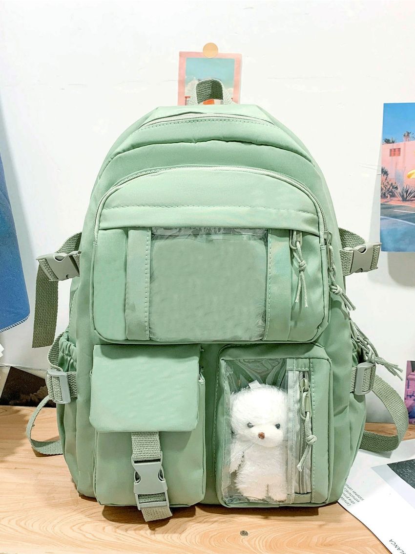 Cartoon Bear & Badge Decor Release Buckle Detail Functional Backpack