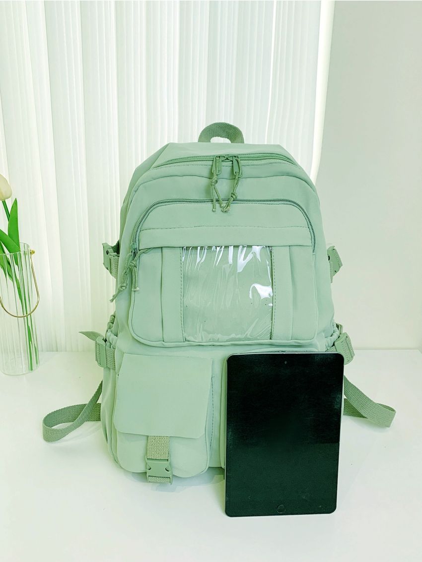 Cartoon Bear & Badge Decor Release Buckle Detail Functional Backpack