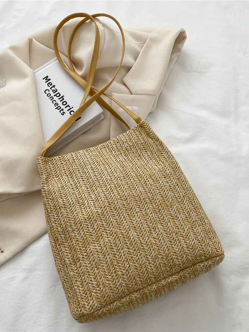 Bow Decor Floral Straw Bag