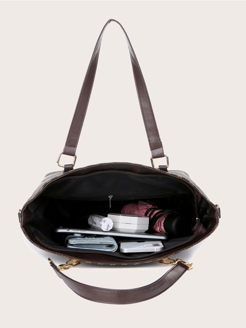 6pcs Geometric Graphic Metal Decor Shoulder Tote Bag Set