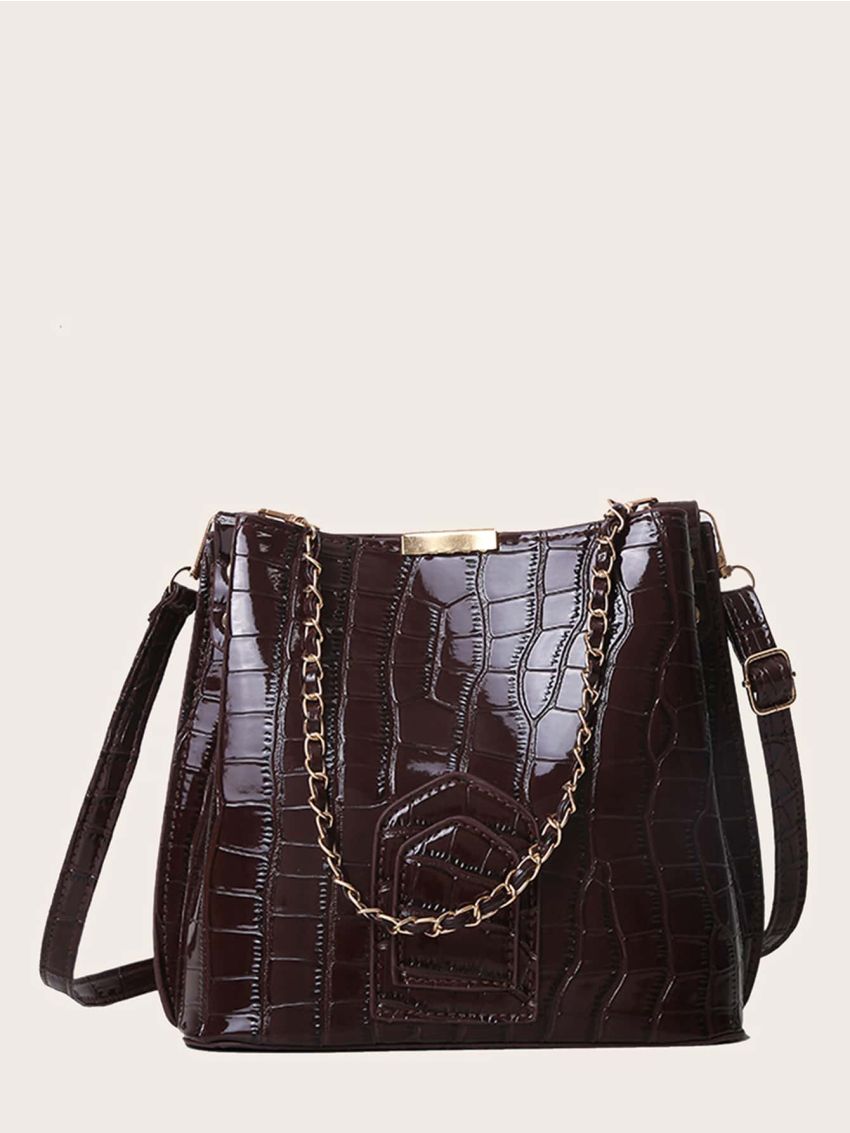 Crocodile Embossed Chain Decor Bucket Bag