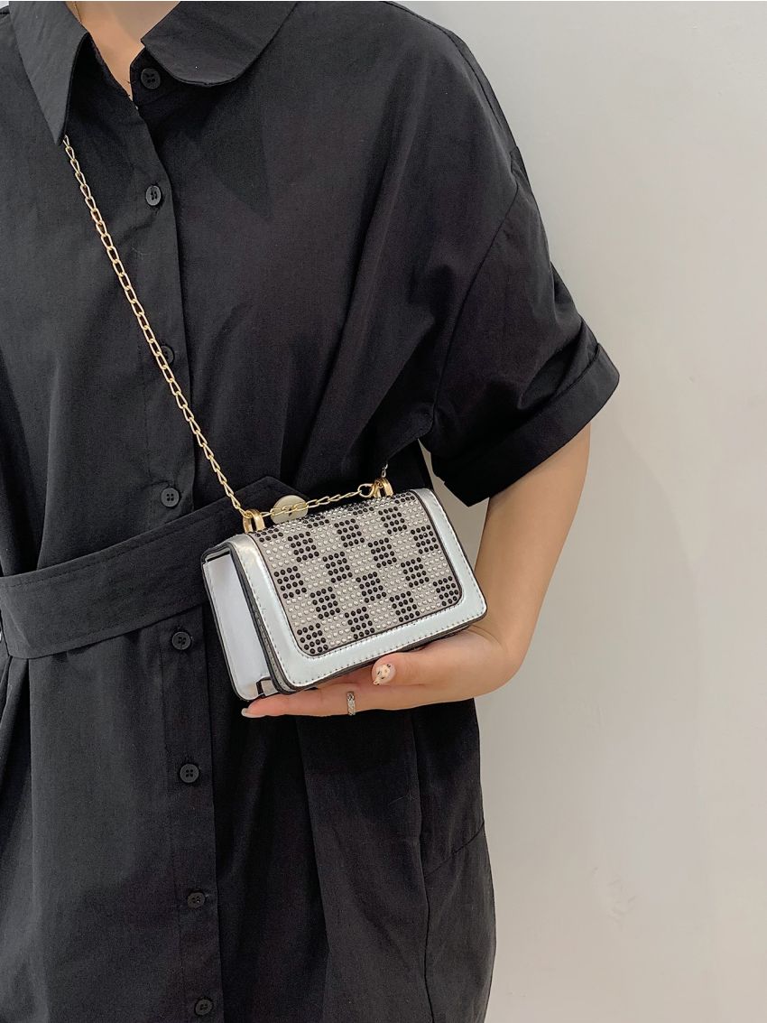 Mini Rhinestone Decor Flap Square Bag