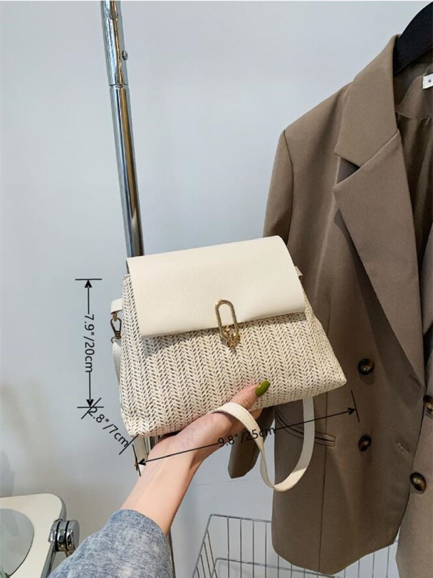 Metal Lock Flap Straw Bag