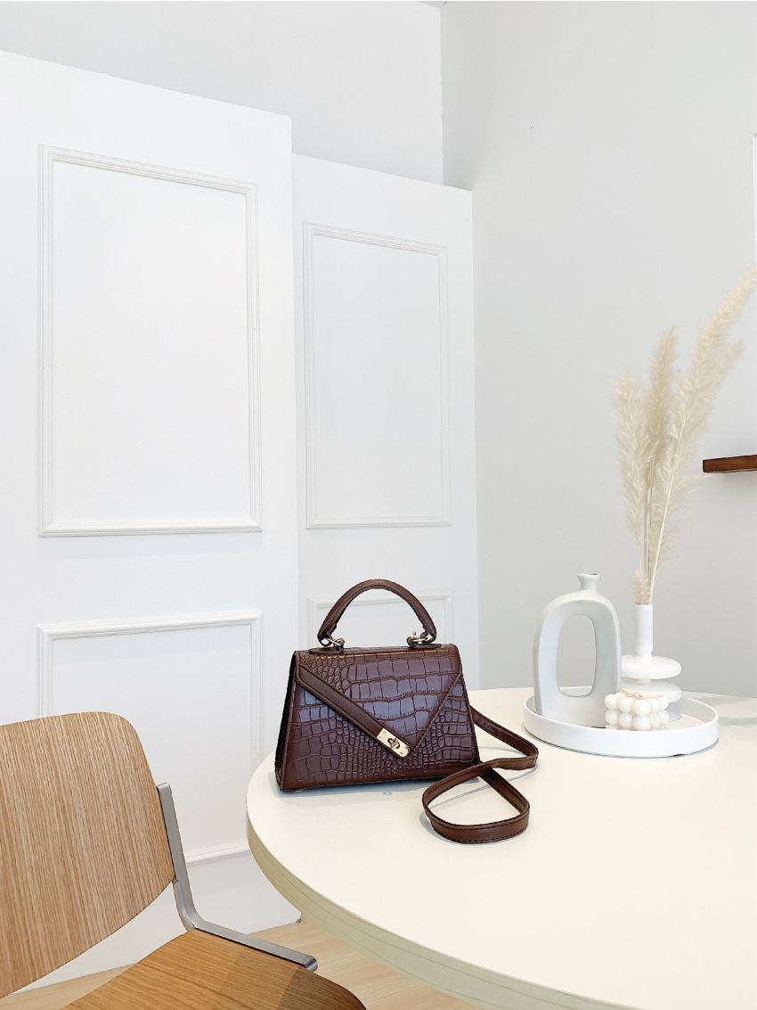 Mini Croc Embossed Twist Lock Flap Satchel Bag