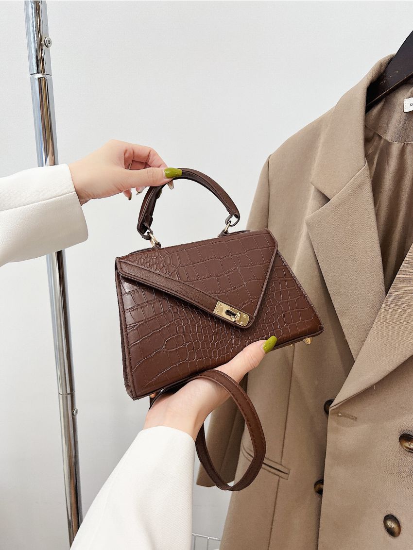Mini Croc Embossed Twist Lock Flap Satchel Bag