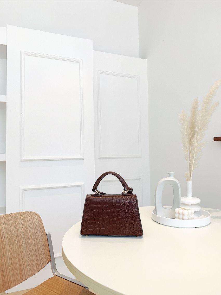 Mini Croc Embossed Twist Lock Flap Satchel Bag