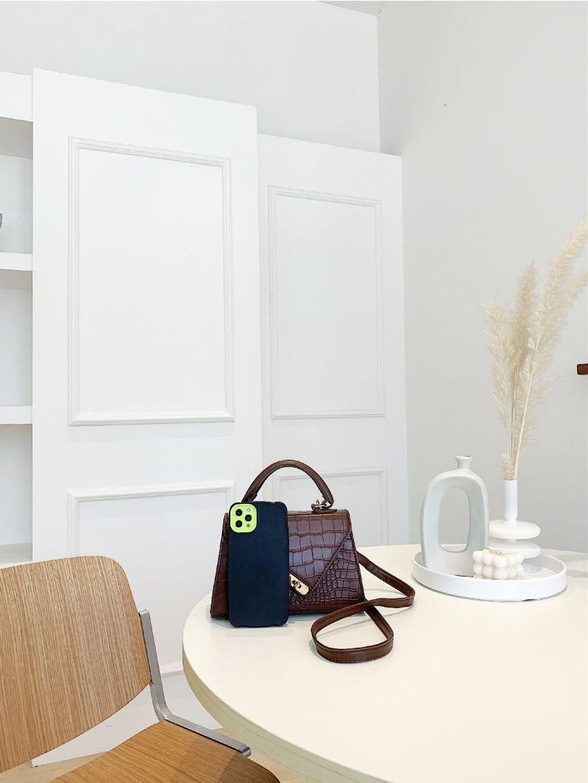 Mini Croc Embossed Twist Lock Flap Satchel Bag