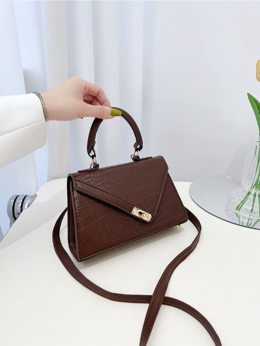 Mini Croc Embossed Twist Lock Flap Satchel Bag