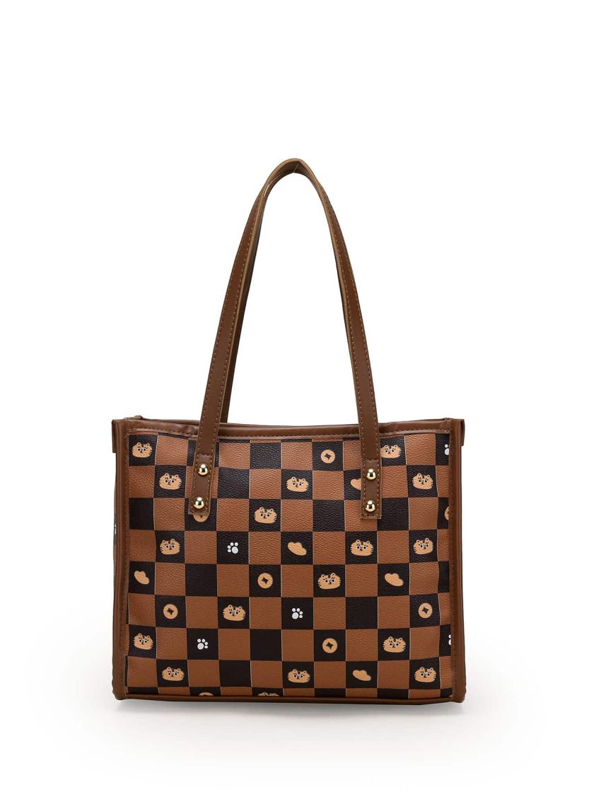 Checkered & Figure Graphic Shoulder Tote Bag