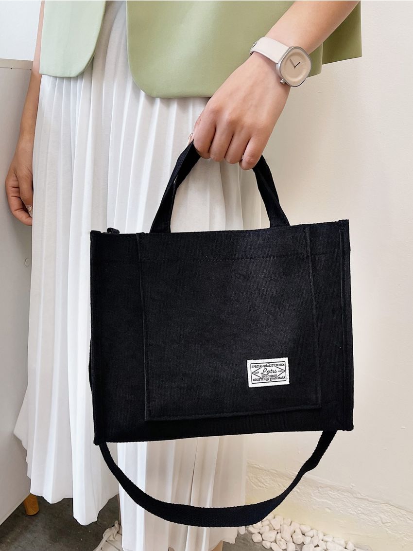 Letter Patch Corduroy Tote Bag, Casual Shoulder Bag Retro Style Crossbody Bag With Double Handle