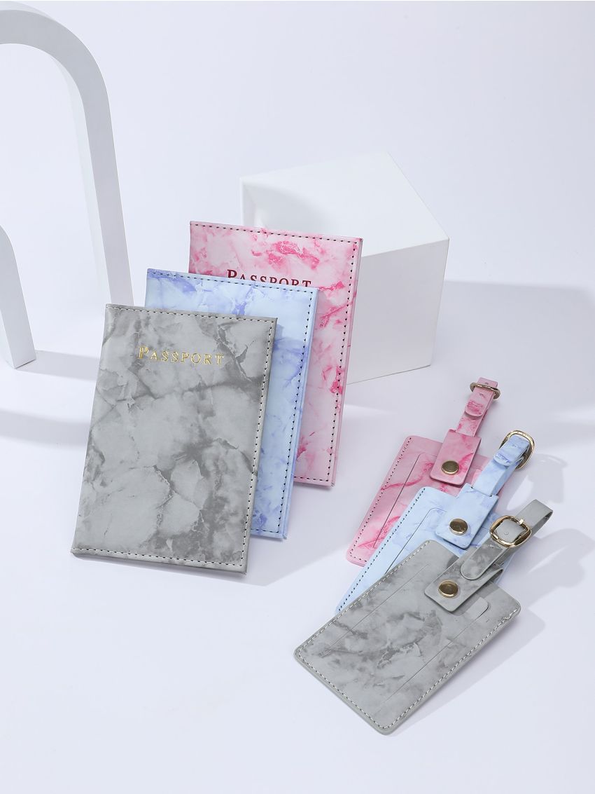 3pcs Marble & Letter Graphic Passport Case & 3pcs Luggage Tag