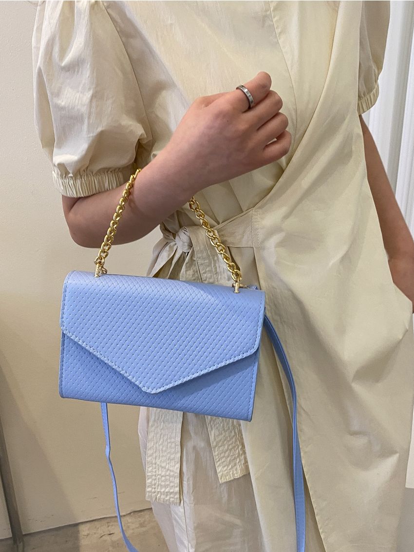 Embossed Detail Square Bag Chain Decor Flap PU