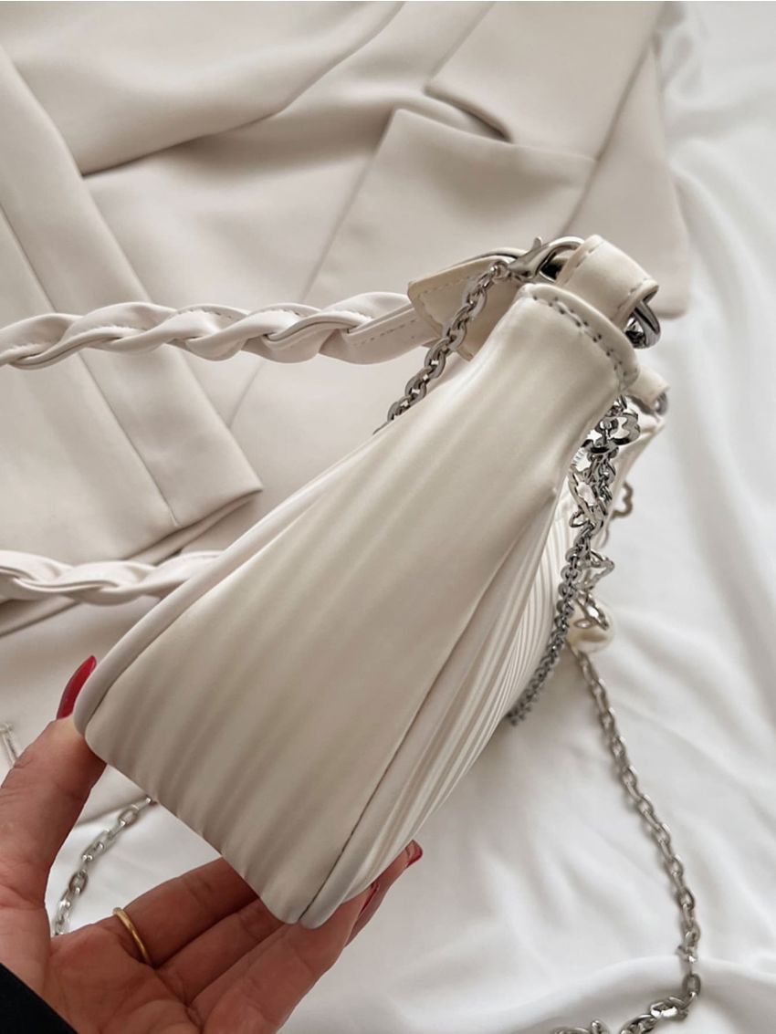 Faux Pearl Decor Chain Baguette Bag