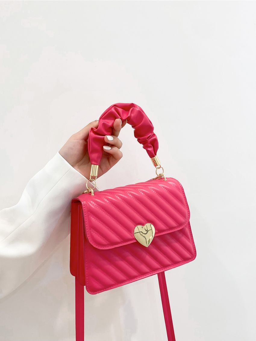 Geometric Embossed Heart Decor Ruched Detail Flap Square Bag