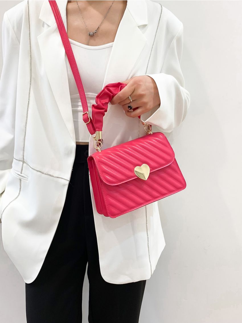 Geometric Embossed Heart Decor Ruched Detail Flap Square Bag