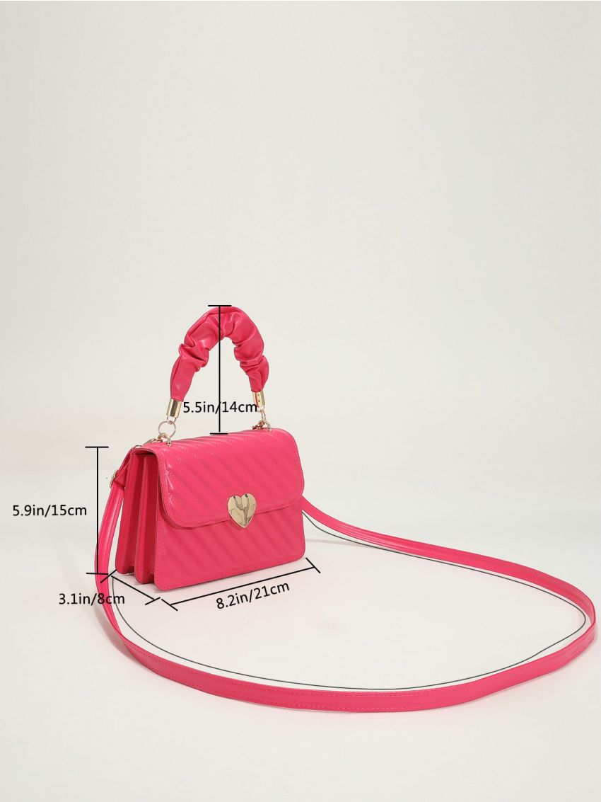 Geometric Embossed Heart Decor Ruched Detail Flap Square Bag