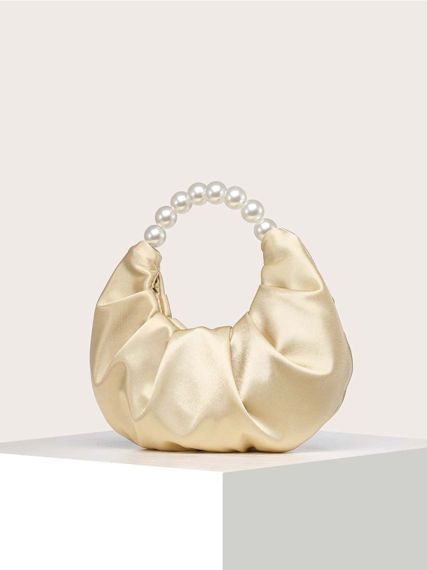 Satin Faux Pearl Beaded Ruched Bag