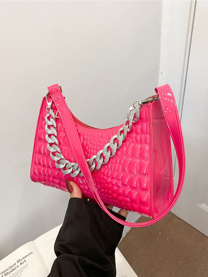 Crocodile Embossed Artificial Patent Leather Baguette Bag