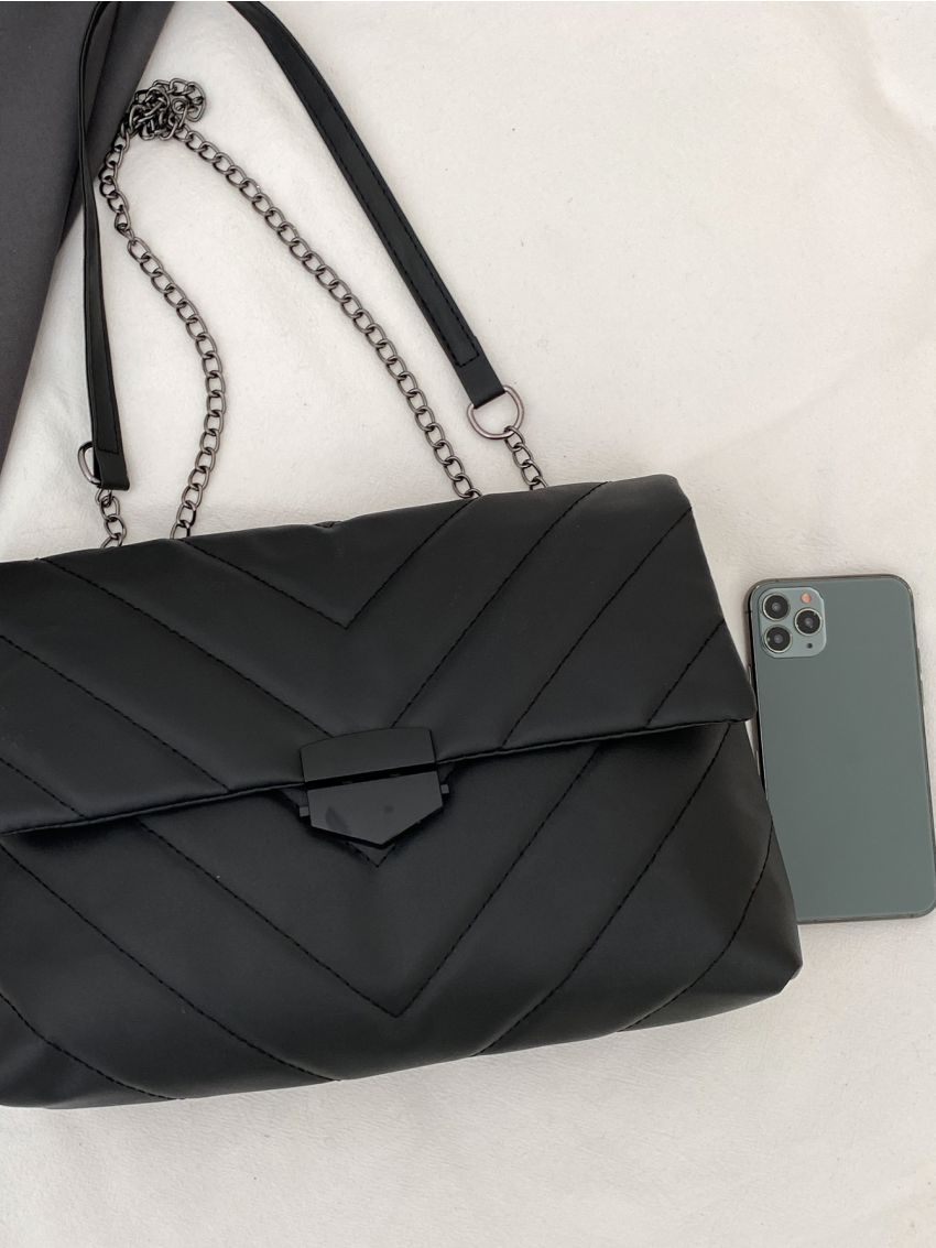 Chevron Detail Flap Chain Shoulder Bag