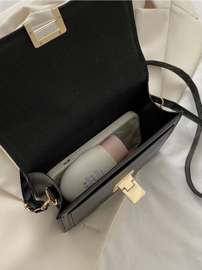 Mini Solid Stone Grain Metal Lock Crossbody Bag