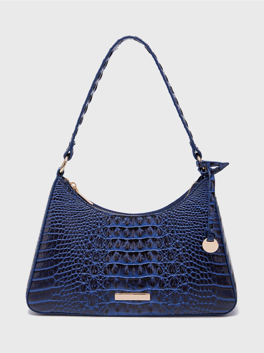 Crocodile Embossed Metal Decor Baguette Bag