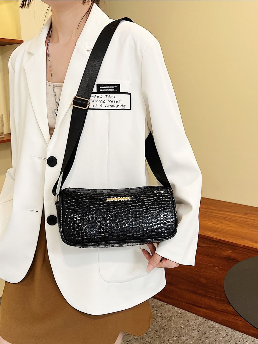 Crocodile Embossed Metal Decor Baguette Bag