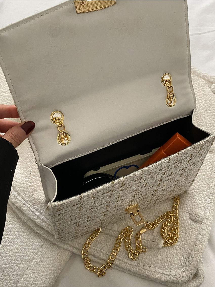 Plaid Pattern Flap Chain Tweed Square Bag