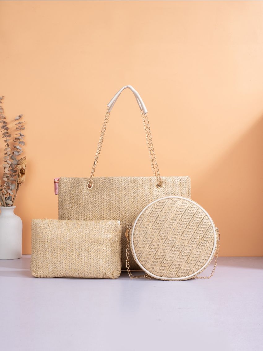 3pcs Twilly Scarf Graphic Straw Bag Set