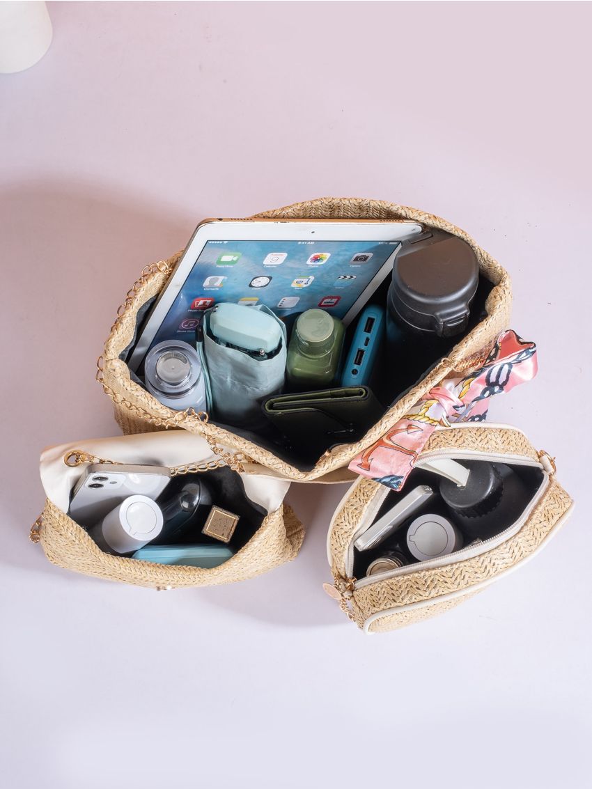 3pcs Twilly Scarf Graphic Straw Bag Set