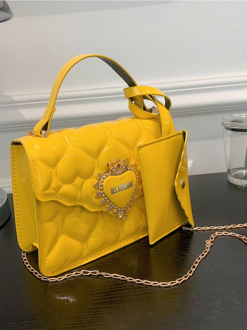 Mini Neon Yellow Heart Quilted Flap Chain Square Bag With Coin Purse
