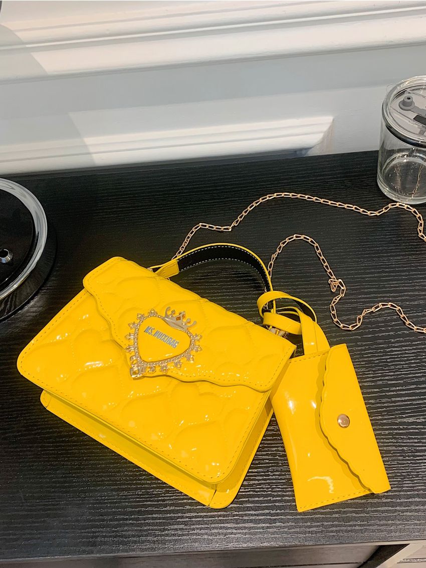 Mini Neon Yellow Heart Quilted Flap Chain Square Bag With Coin Purse