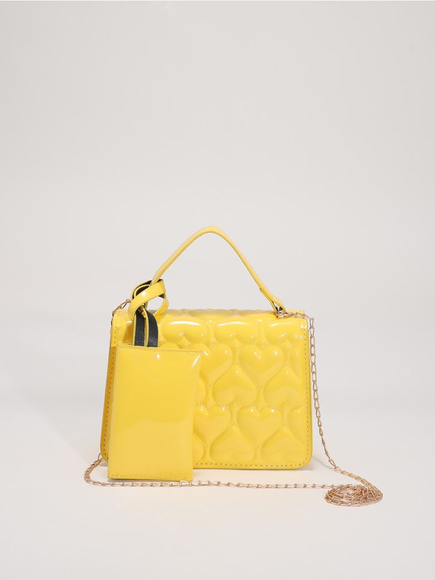 Mini Neon Yellow Heart Quilted Flap Chain Square Bag With Coin Purse