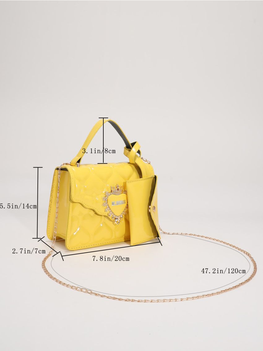 Mini Neon Yellow Heart Quilted Flap Chain Square Bag With Coin Purse