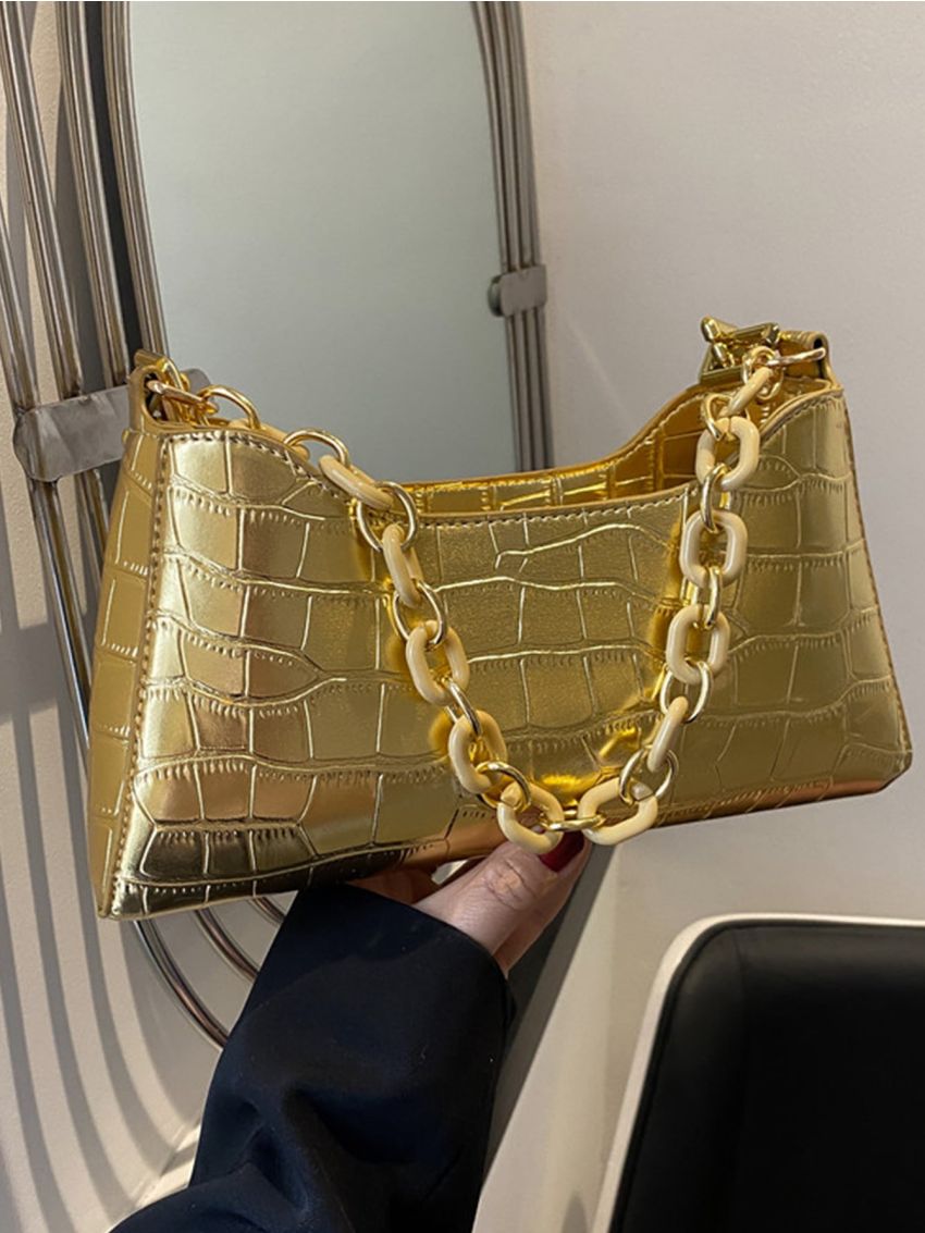 Metallic Crocodile Embossed Baguette Bag