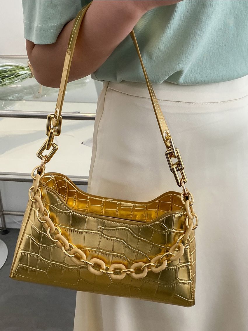 Metallic Crocodile Embossed Baguette Bag